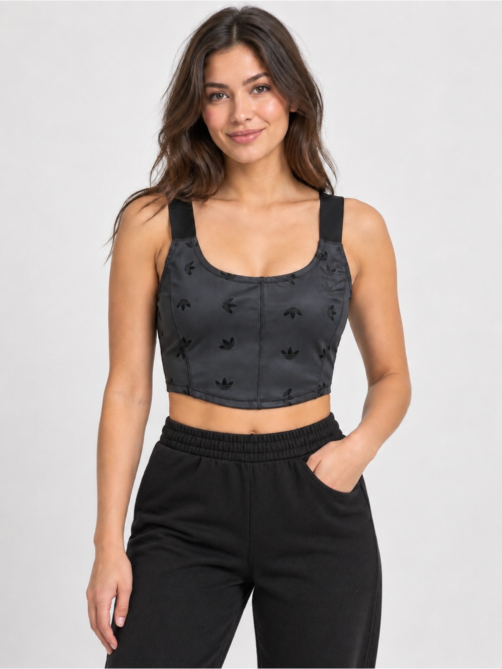 Adidas Originals Trefoil Corset Crop Top Black Size Medium